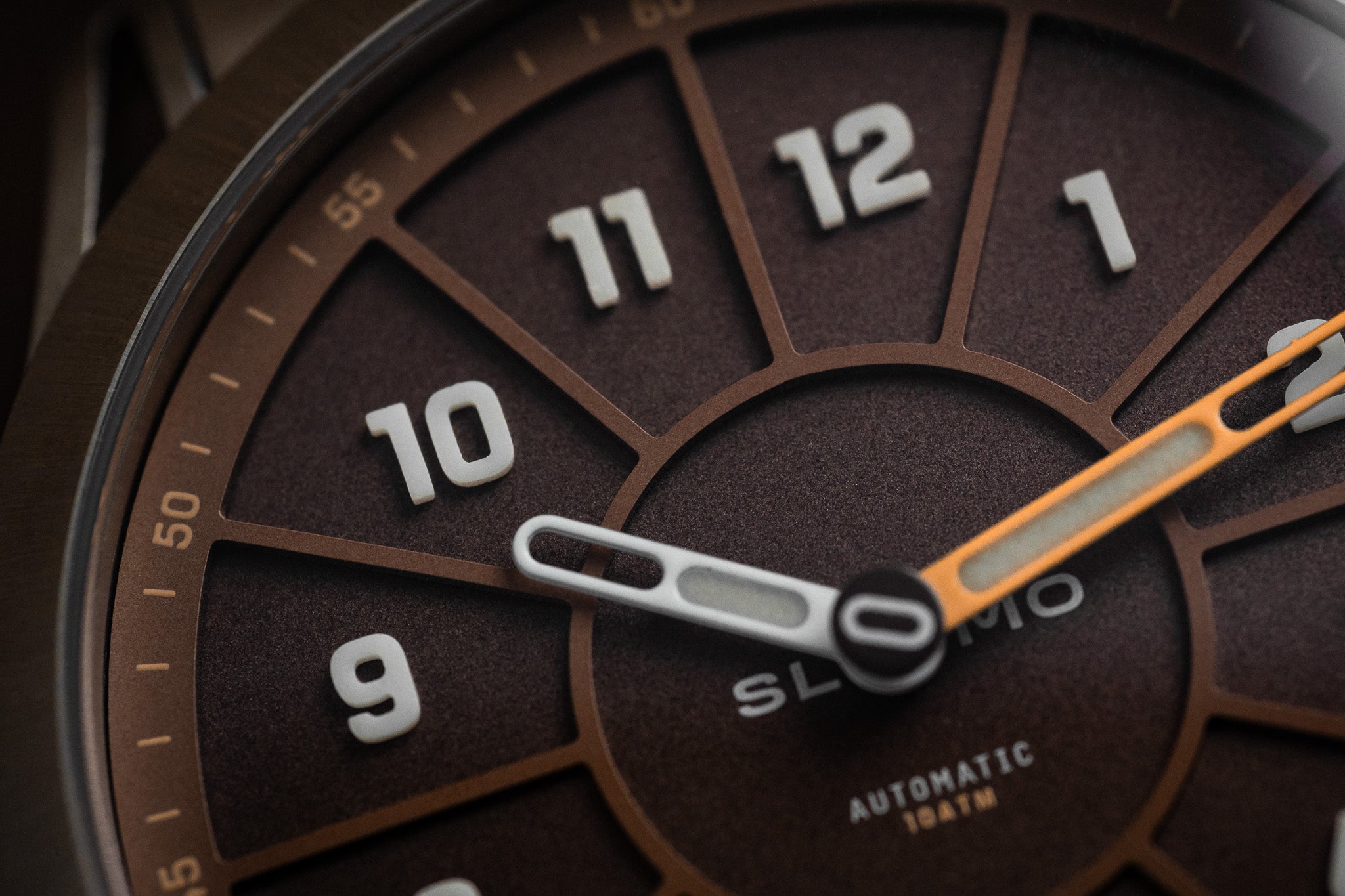 Close-up of the 3D BGW9 lume blocks on the brown dial SLOMO Watches Glance automatic watch.