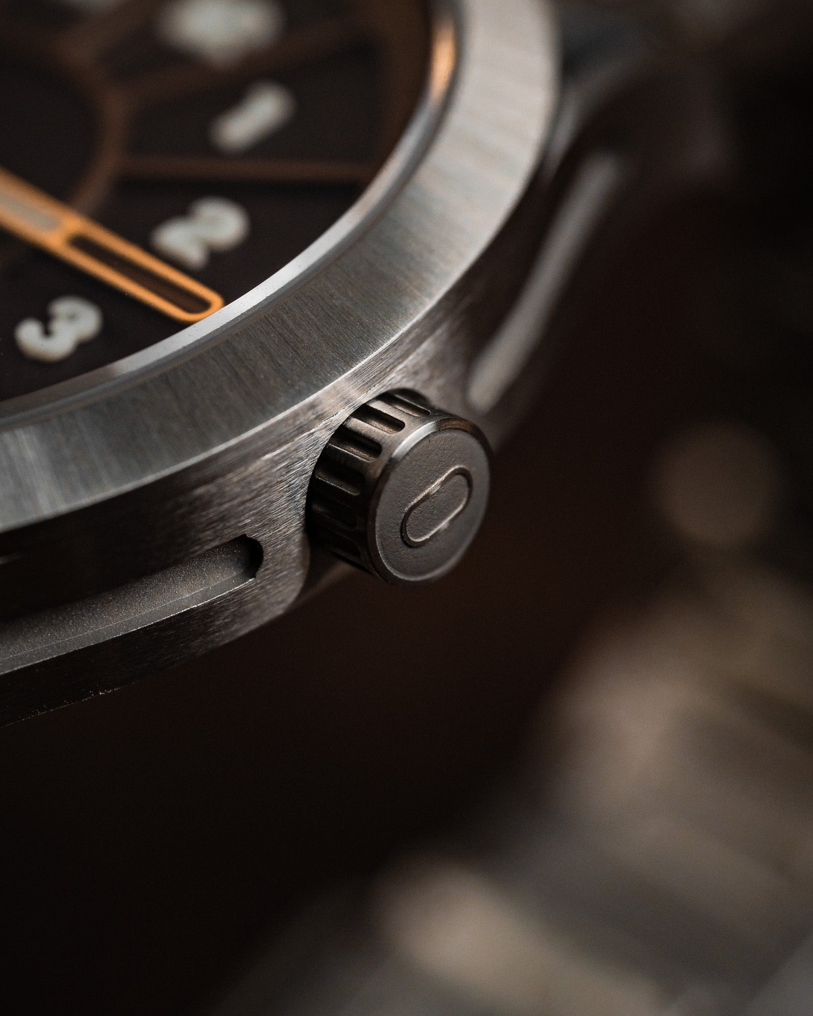Close-up of SLOMO Watches Glance automatic watch sculptural side profile.